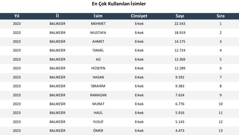 2 İsim Zirvede! Balıkesir'de En Çok Tercih Edilen İsimler