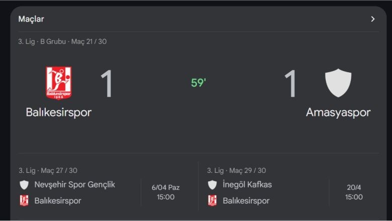 Maçta son durum: Balıkesirspor 1 - Amasyaspor 1