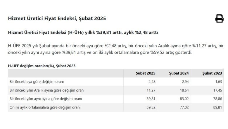 Hizmet Üretici Fiyat Endeksi Şubat Ayında Yükseldi