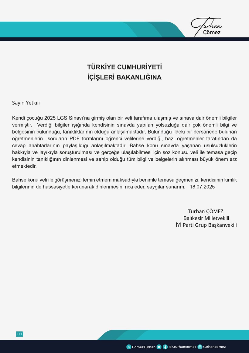 İyi Partili Milletvekili Çömez’den LGS’de Usulsüzlük İddiası! 