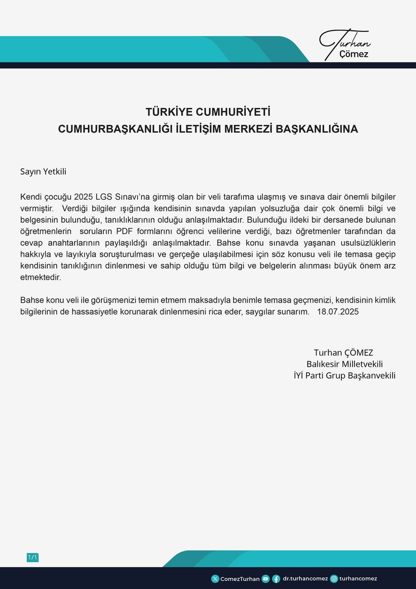 İyi Partili Milletvekili Çömez’den LGS’de Usulsüzlük İddiası! 