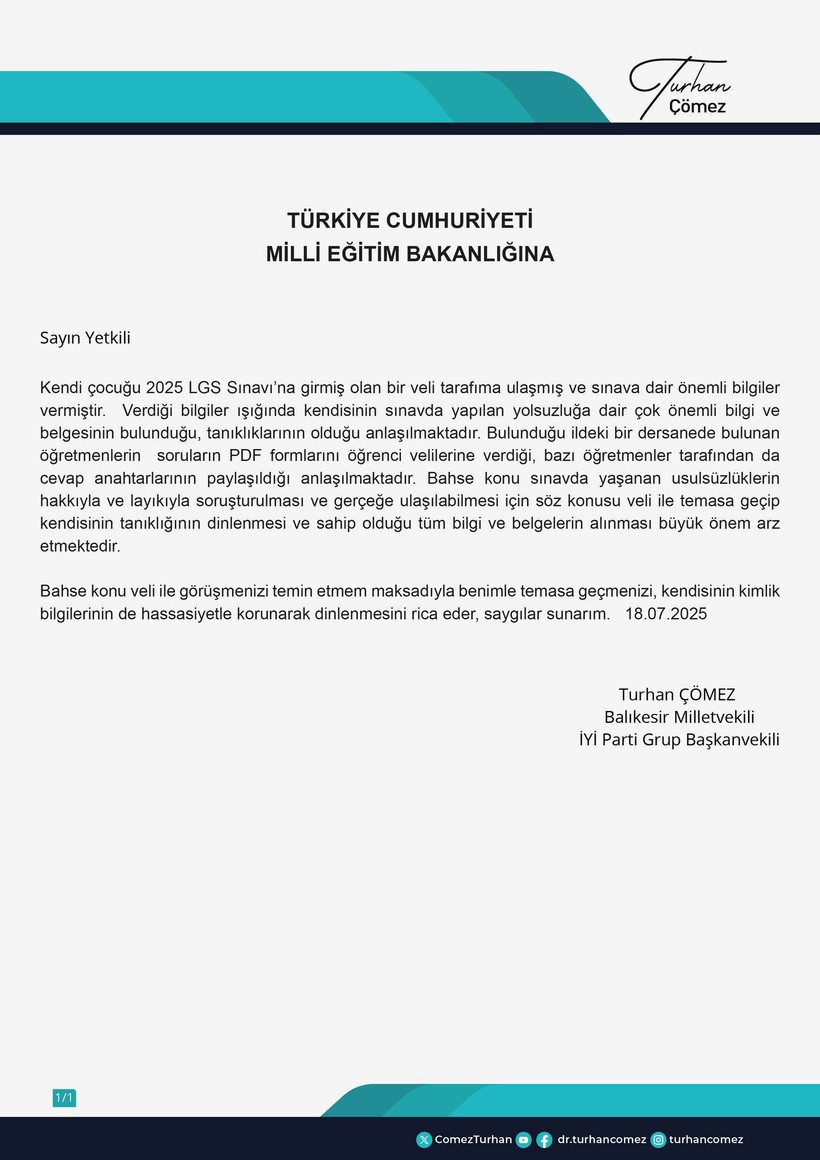 İyi Partili Milletvekili Çömez’den LGS’de Usulsüzlük İddiası! 