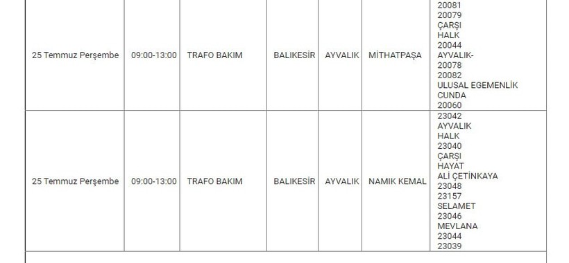Ayvalık ve Mahallelerinde Elektrik Kesintisi Ayvalık ve Mahallelerinde Elektrik Kesintisi
