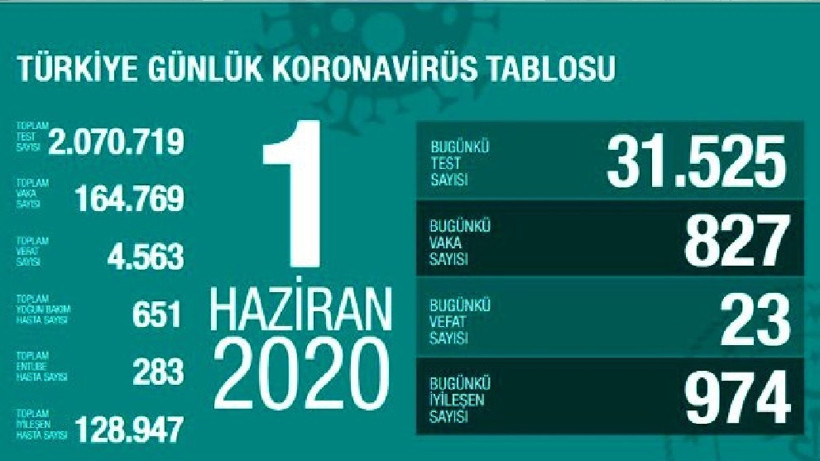 Türkiye'de 1 Haziran günü koronavirüsten ölenlerin sayısı 23 oldu, 827 yeni vaka tespit edildi