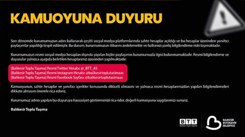 Balıkesir Toplu Taşıma A.Ş.'den Sahte Hesap Uyarısı