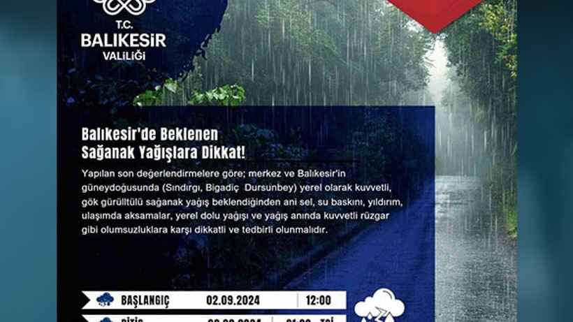 Balıkesir Valiliği'nden Sağanak Yağış Uyarısı