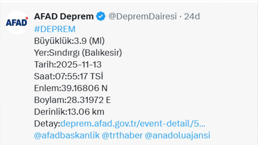 Balıkesirde 4 büyüklüğünde deprem sındırgı