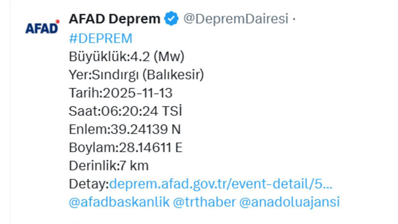Balıkesir'de 13 Kasım Sabahı7,4 büyüklüğünde deprem