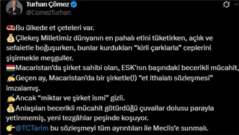 İYİ Parti Milletvekili Turhan Çömez’den Et İthalatı İddiası: “Şirket İsmi ve Miktarı Gizleniyor”