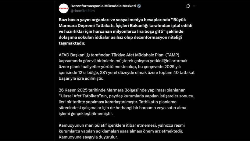 Dezenformasyonla Mücadele Merkezi: “Marmara Depremi Tatbikatı iptal edildi” iddiaları asılsız