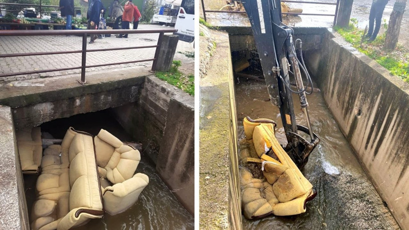 Altınoluk’ta Dere Kanalına Sürüklenen Koltuk Takımı Şaşkınlık Yarattı