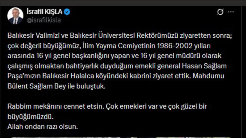 Cumhurbaşkanı Başdanışmanı Kışla'dan Balıkesir Paylaşımı