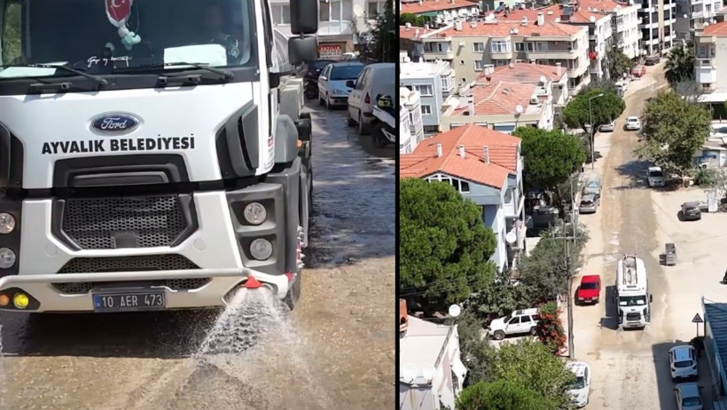 Ayvalık Belediyesi'nden Yol Çalışmaları Sırasında Toz Önlemi