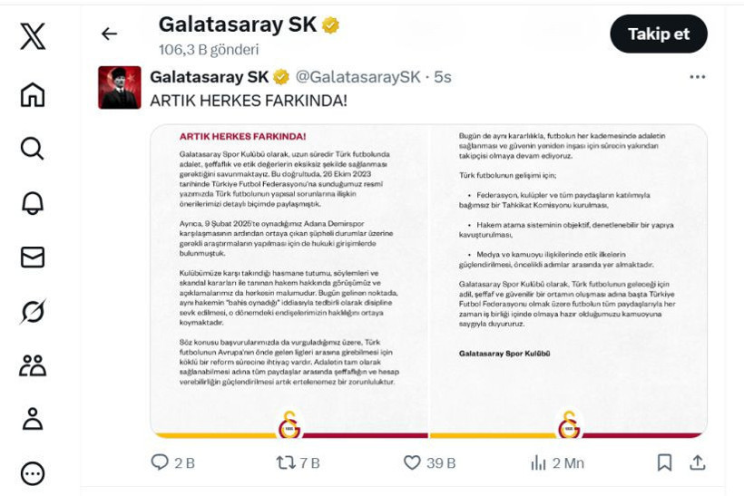 Galatasaray’dan TFF’ye: İş Birliğine Hazırız