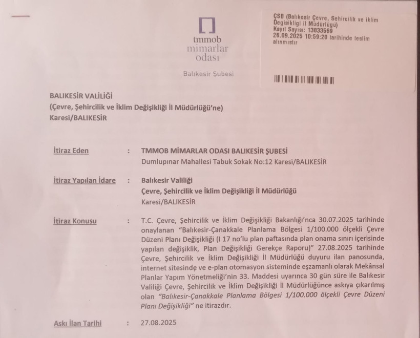 Mimarlar Odası Balıkesir Şubesi’nden Çevre Düzeni Planı Değişikliğine İtiraz