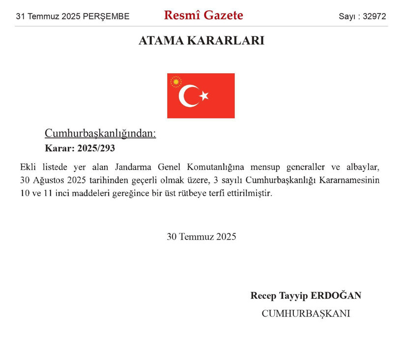 2025 Jandarma ve Sahil Güvenlik Terfi-Atama Kararnamesi Erdoğan İmzalı Resmi Gazete - Resim: 1