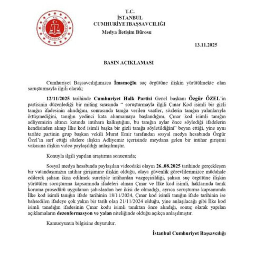 Başsavcılıktan Özel’in “gizli tanık” iddiasına yanıt