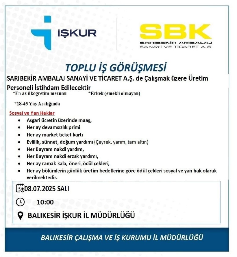Balıkesir'de İş Fırsatı! Görüşme 8 Temmuz’da